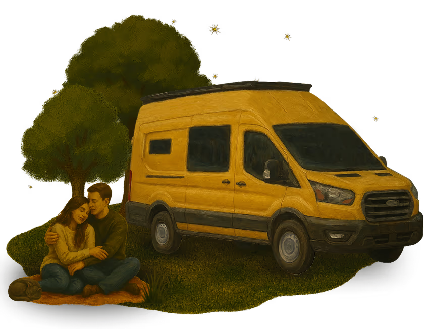 Illustration of a couple hugging sat on a picnic blanket, with a cat, next to their yellow campervan at a campsite